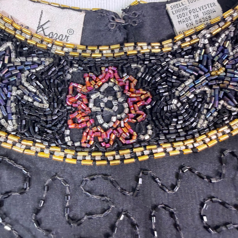 Laurence Kazar Vtg Silk Beaded Top XL Black Sheer Sleeve Evening Cocktail Blouse - Picture 9 of 16
